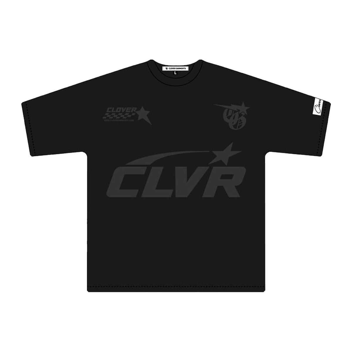 Playera negra con logo racing CLVR negro sobre negro al frente
