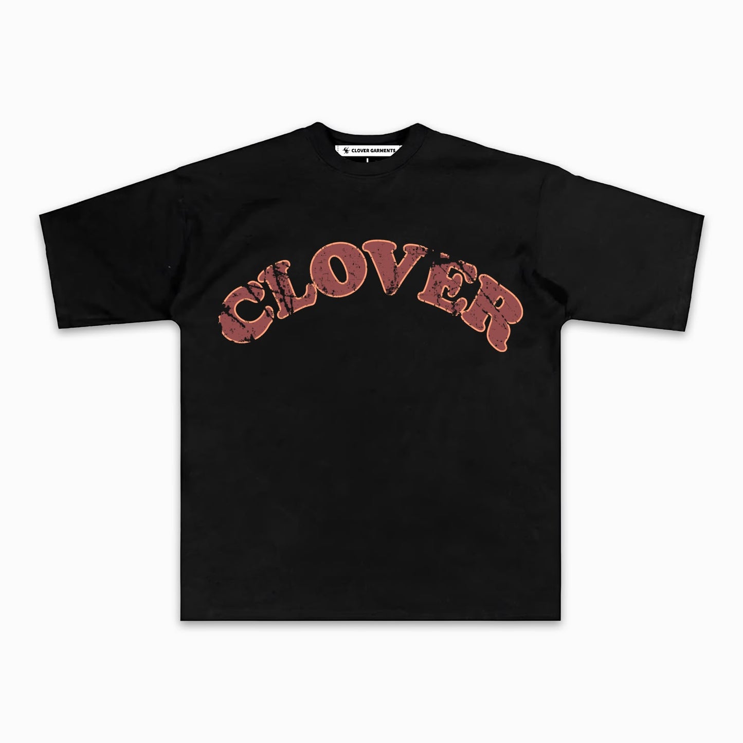 Playera negra con wordmark CLOVER vintage en terracota al frente
