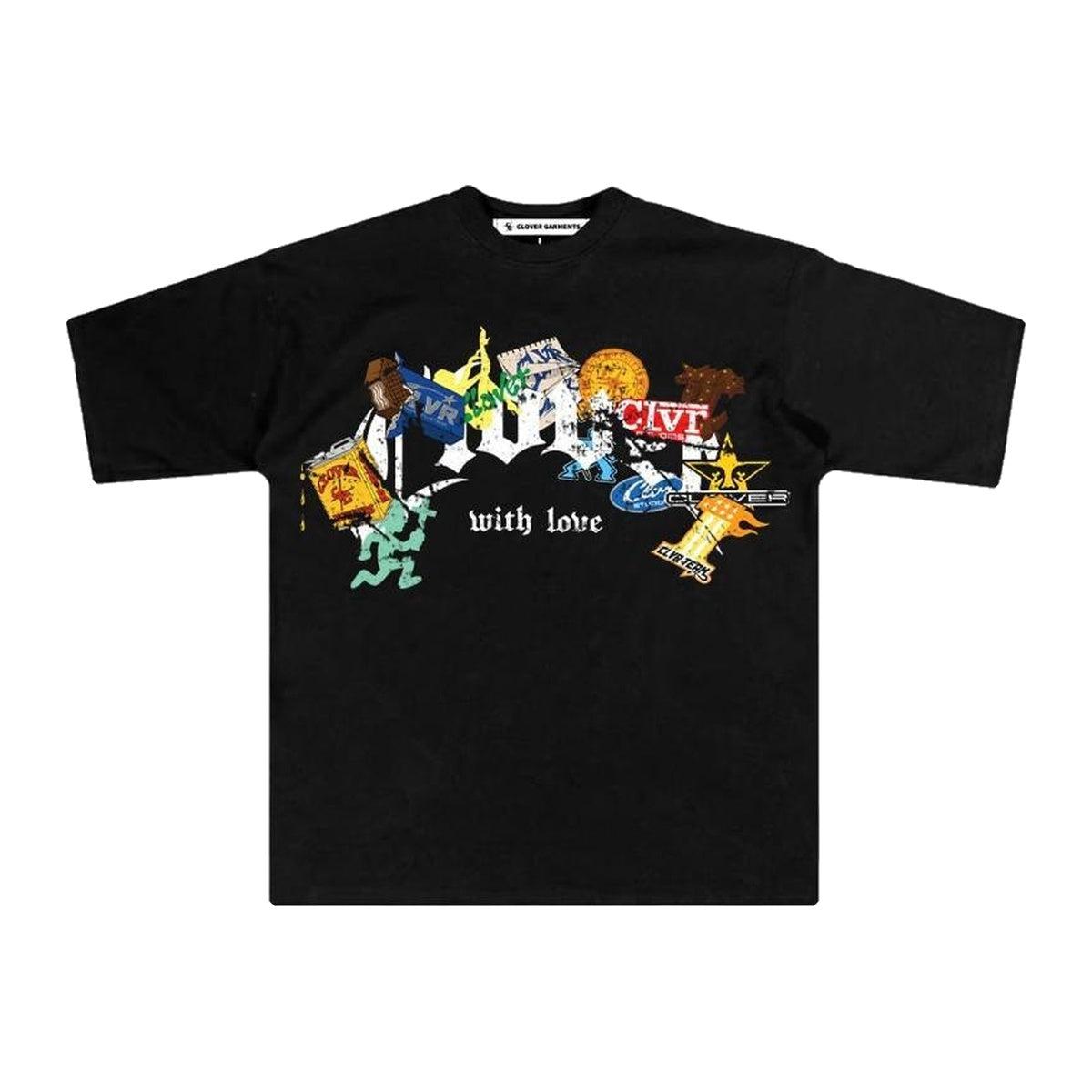 Playera negra con collage de stickers Clover multicolor y frase with love