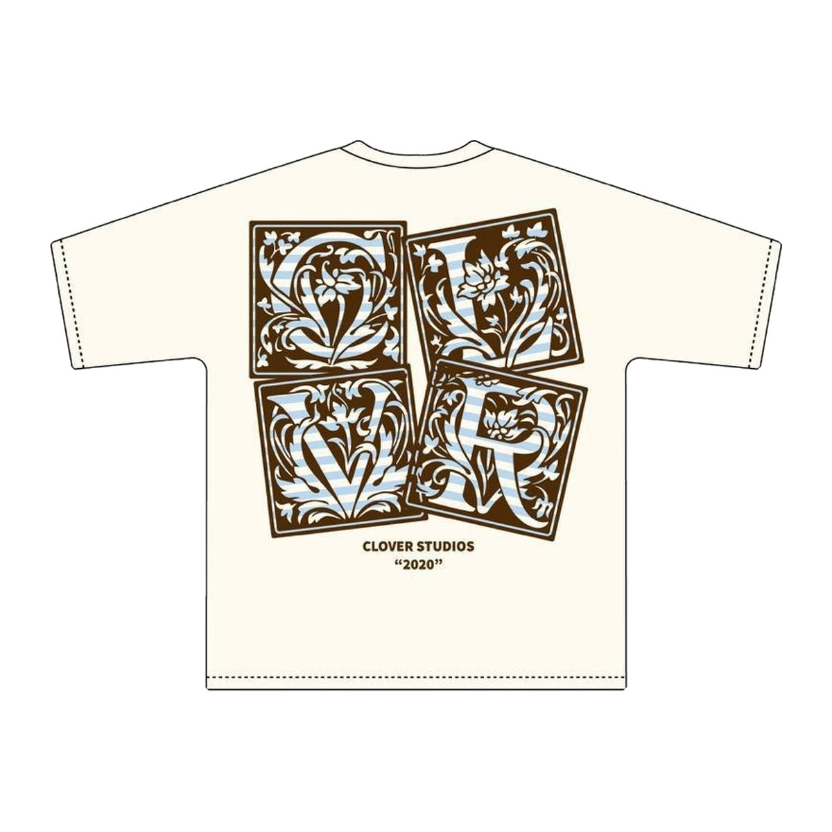 Espalda de playera crema con cuatro azulejos ornamentales C L V R en café y azul