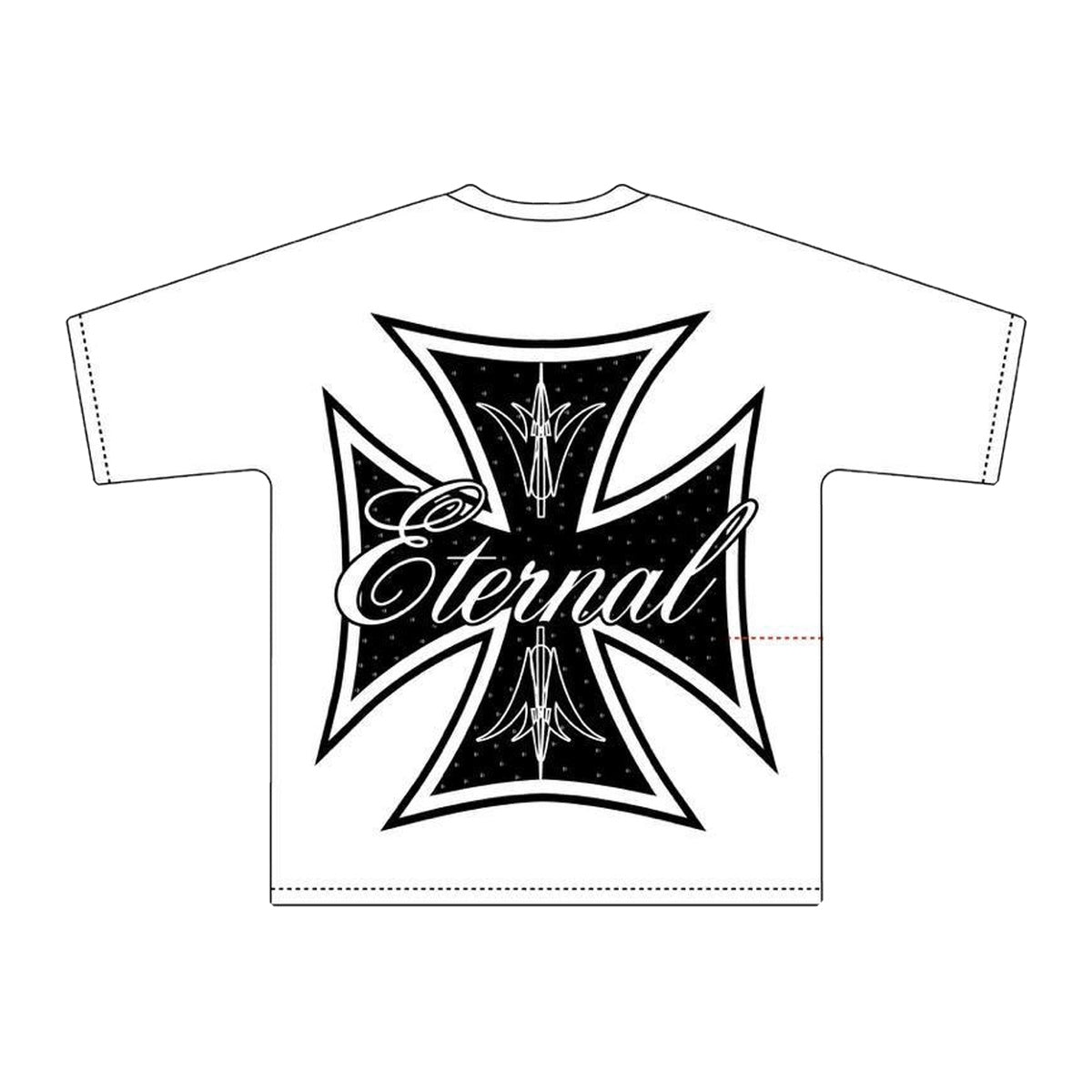 Espalda de playera blanca con cruz de hierro negra y script Eternal