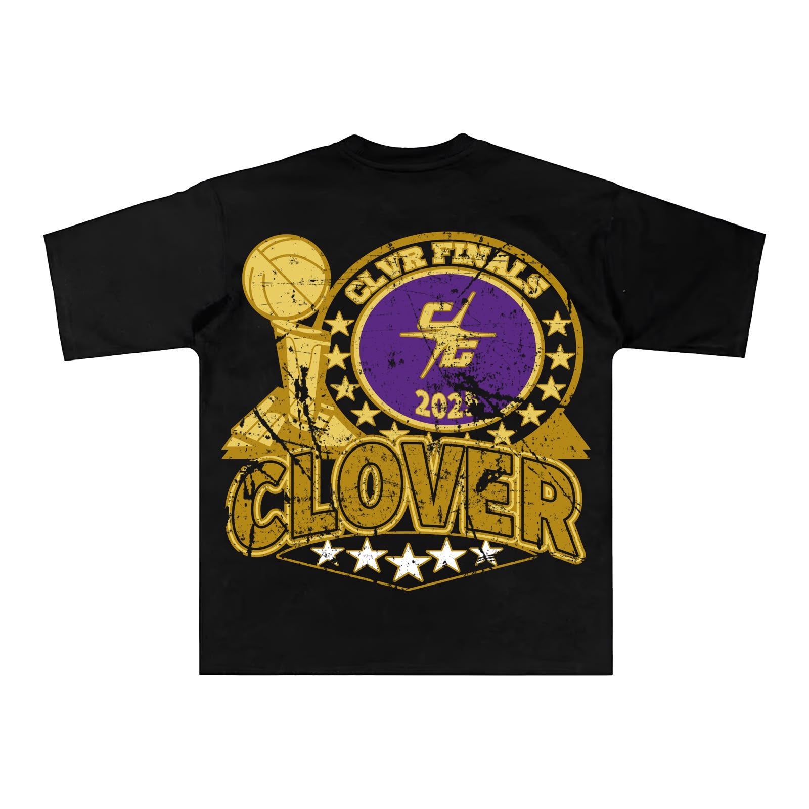 Espalda de playera negra con trofeo y escudo CLVR Finals 2025 en dorado y morado