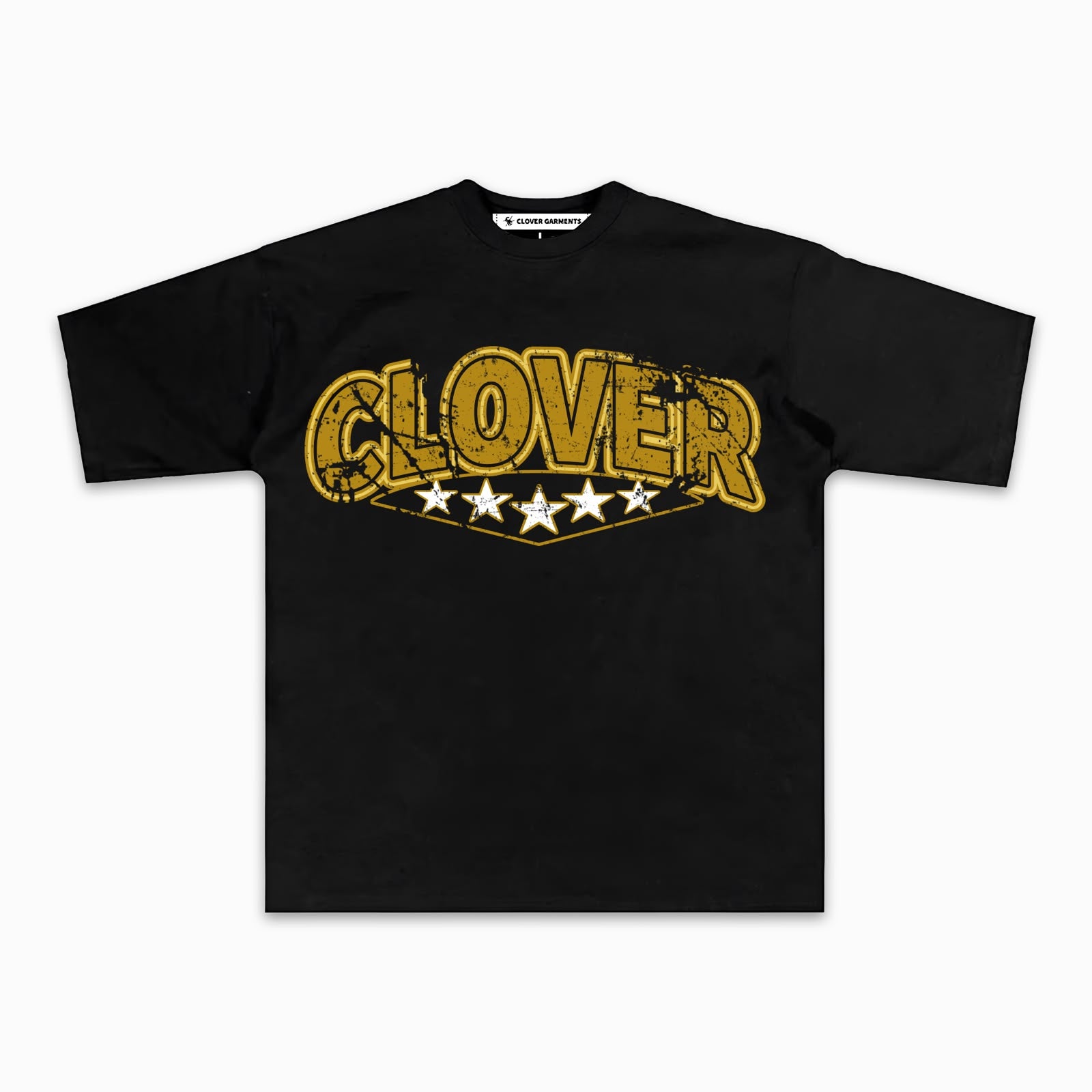 Playera negra CLVR Finals 2025, wordmark CLOVER dorado con estrellas al frente