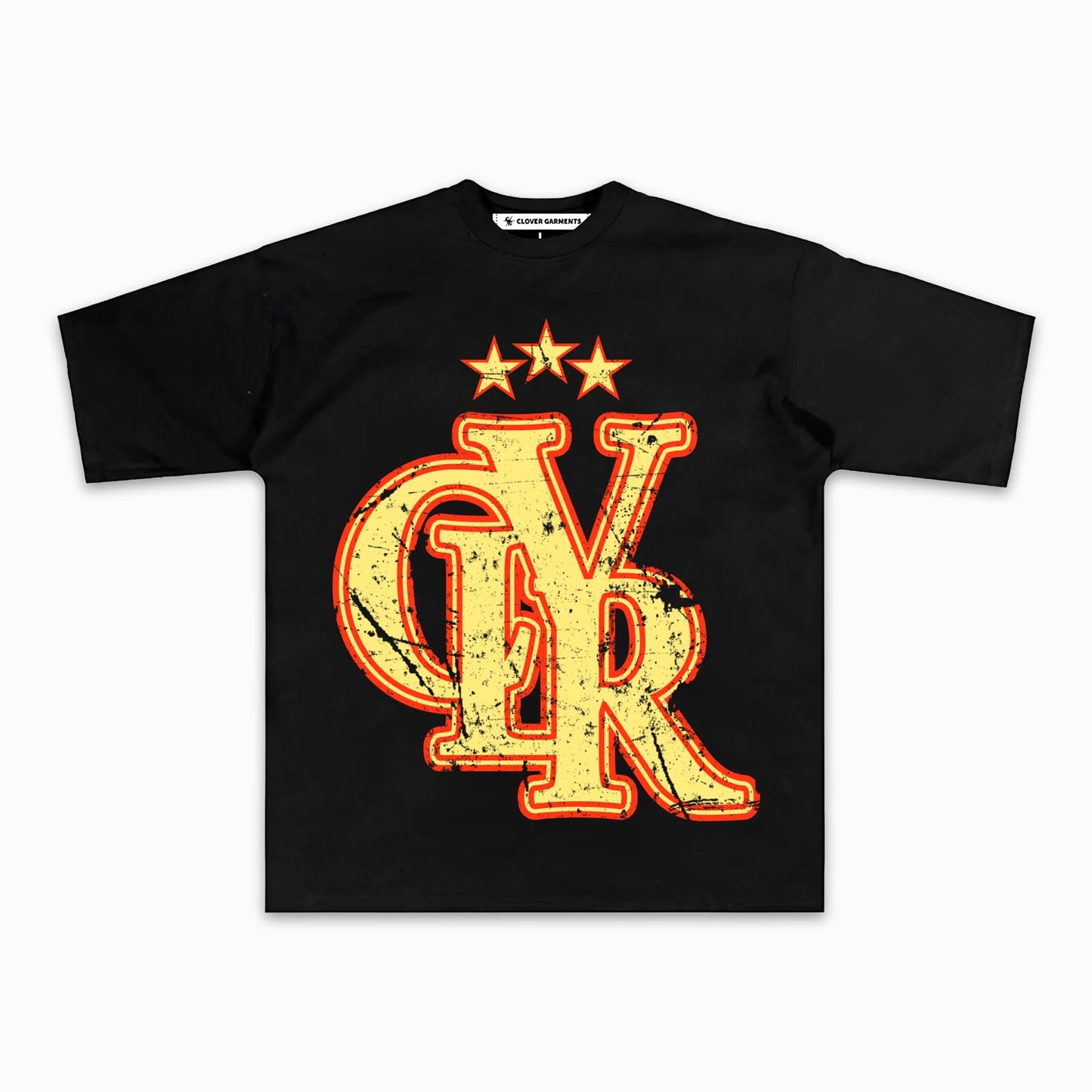 Playera negra con monograma CLVR varsity amarillo y naranja al frente
