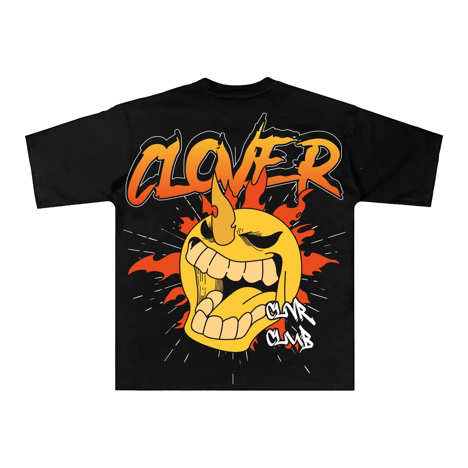 Espalda de playera negra con cara gritando amarilla en llamas y lettering CLOVER