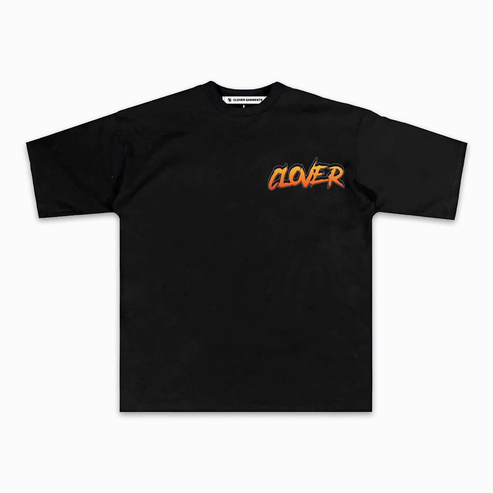 Playera negra con logo Clover graffiti naranja al pecho