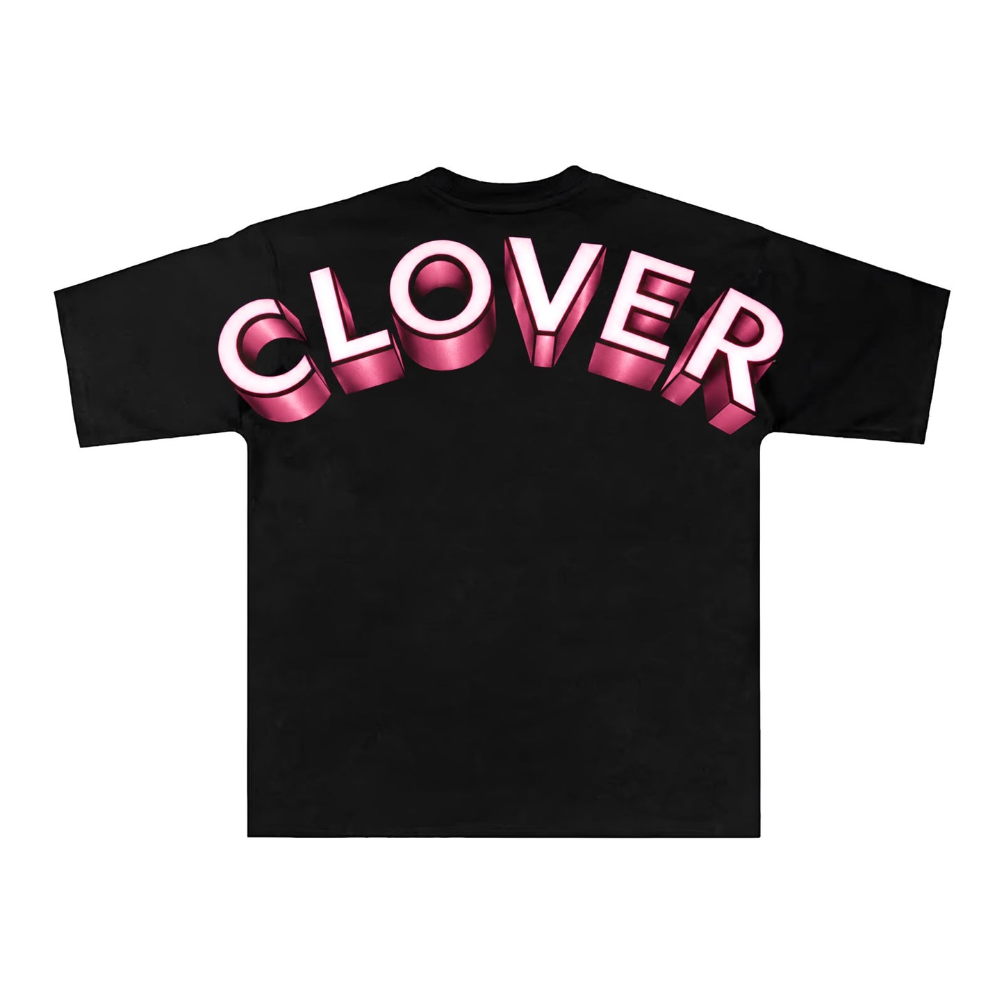 Espalda de playera negra con lettering CLOVER 3D en rosa metálico