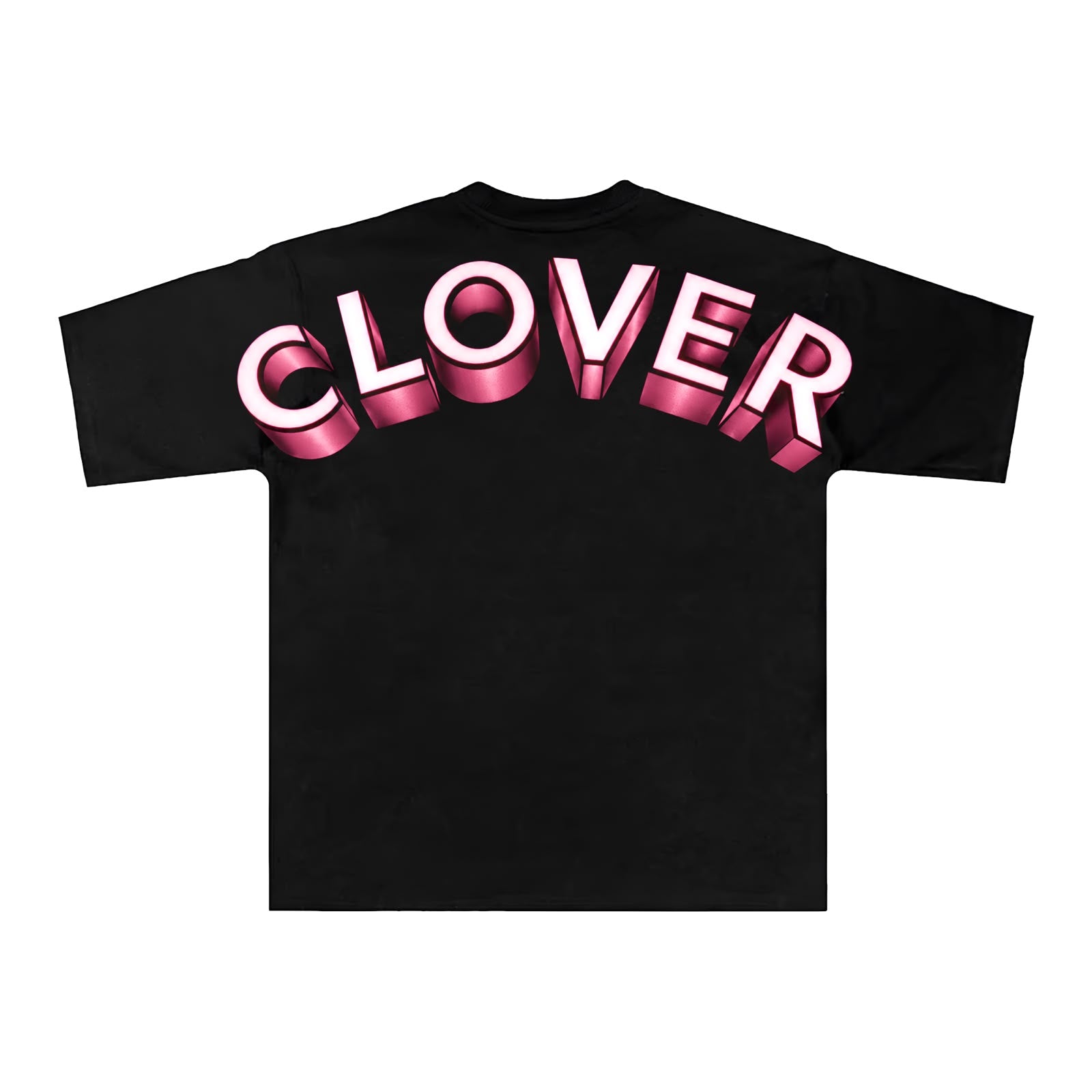 Espalda de playera negra con lettering CLOVER 3D en rosa metálico