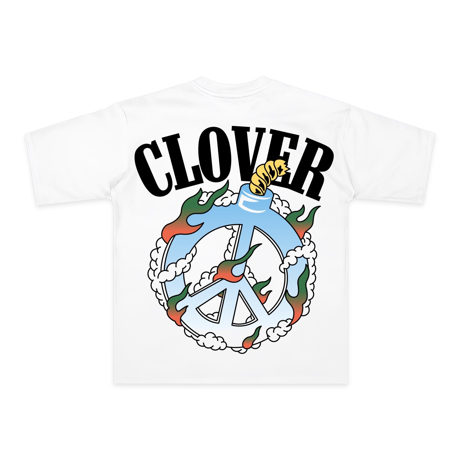 Espalda de playera blanca con símbolo de la paz en llamas y wordmark CLOVER