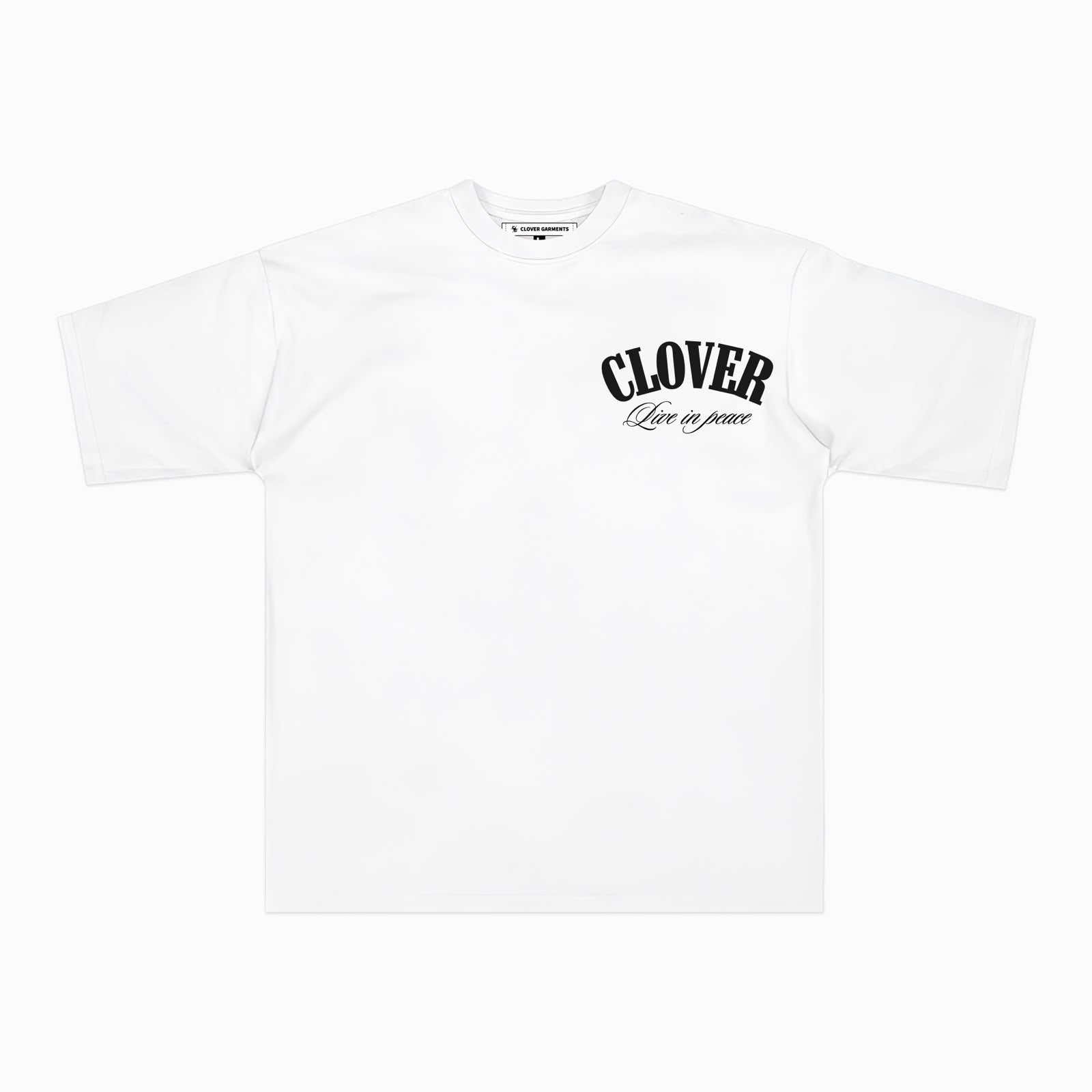 Playera blanca con logo Clover Live in peace al pecho