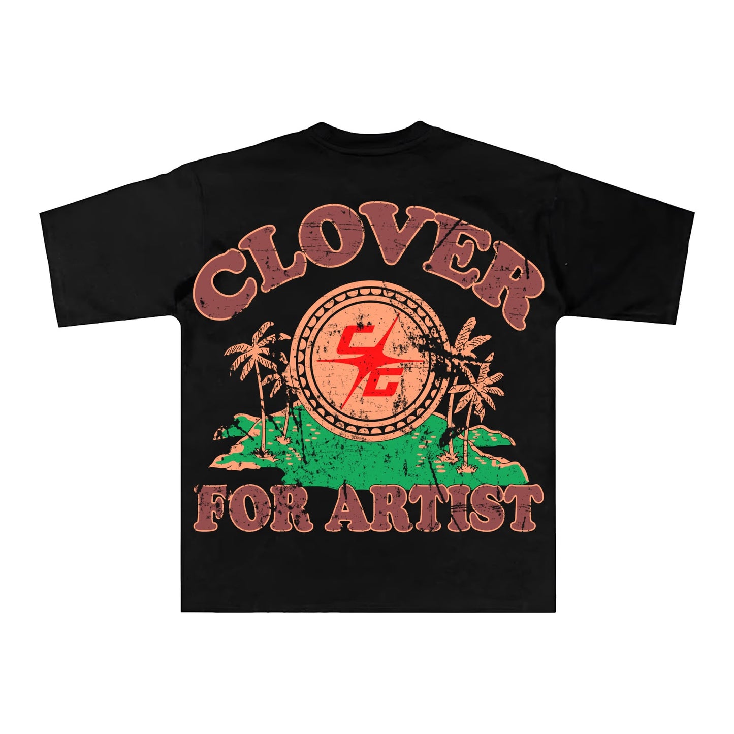 Espalda de playera negra con escena tropical de palmeras y lettering Clover For Artist